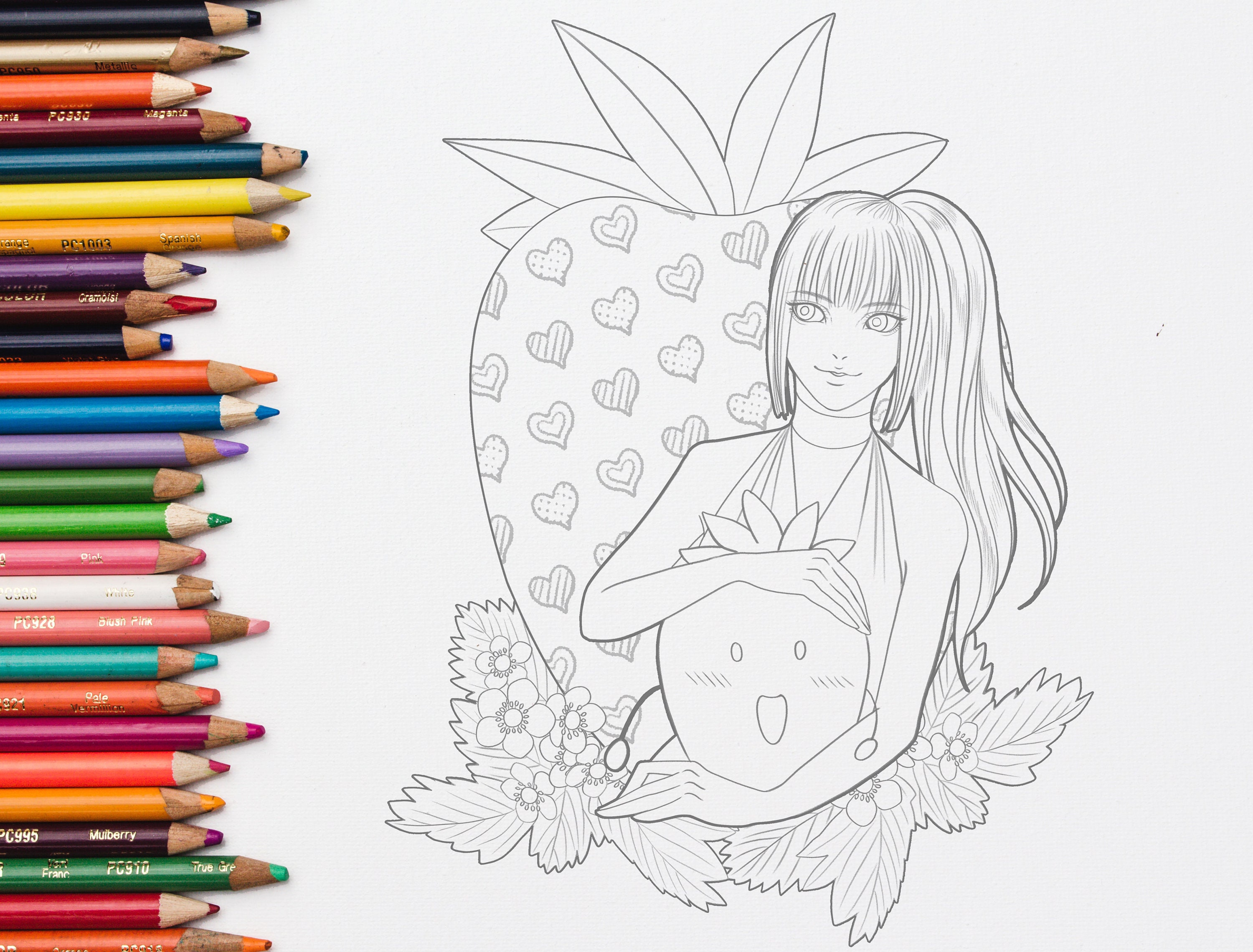 Strawberry Girl Coloring Sheets,printable PDF Jpg,coloring for Adult