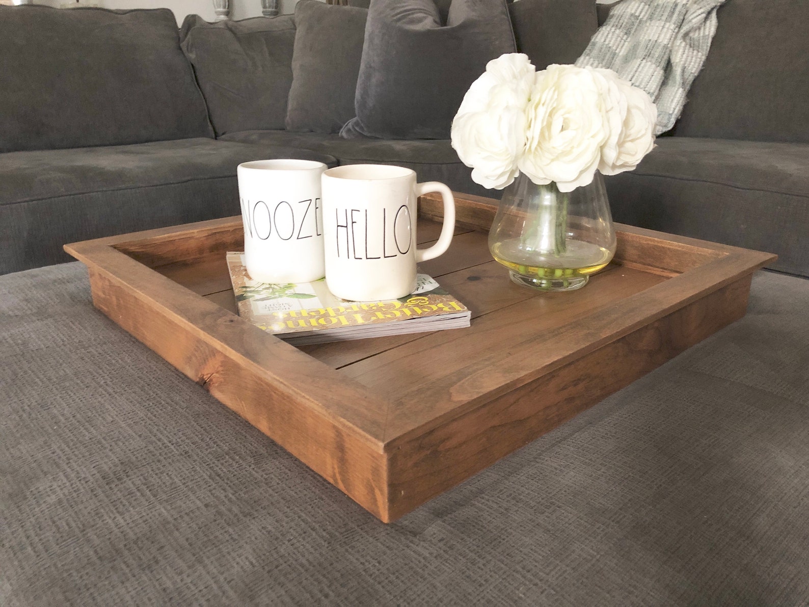 Large Square Tray Ottoman Wood Tray Rustic Wooden Serving Etsy