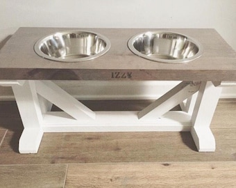 rustic elevated dog feeder