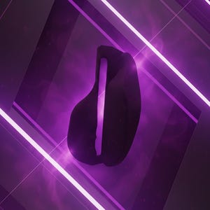 Pode incluir: Arte digital abstrata com uma forma escura e org&acirc;nica com uma faixa vertical roxa brilhante. A forma &eacute; definida contra um fundo geom&eacute;trico de linhas de n&eacute;on roxas e brancas, criando uma est&eacute;tica futurista.