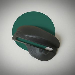 Pode incluir: Um objeto abstrato cinza escuro com um design curvo, possivelmente um elemento decorativo ou uma escultura. O objeto est&aacute; definido contra um c&iacute;rculo verde e um fundo branco, criando uma est&eacute;tica moderna.