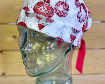 Red and Silver holiday bells ~ Scrub caps for women ~ scrub tech hat ~ vet tech ~ ornament cap ~ BlackberryVineCompany