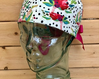 Red ruby floral Scrub cap ~ ponytail surgical scrub hats ~ Women's scrub cap ~ vet tech ~ crna ~ scrub hat ~ Blackberryvineco