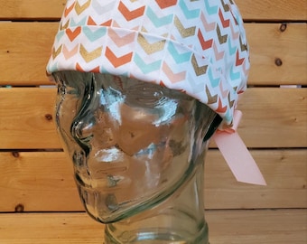Pink, green, peach with gold metallic triangles ~ Pretty scrub hats ~ Womens scrub hats ~ Surgical caps for women ~ Ponytail scrub cap ~ hat