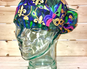 Mardi Gras Scrub Cap: Cotton Ponytail Nurses Hat