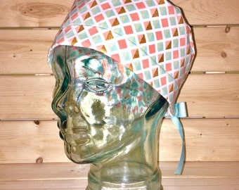 Scrub caps for women, scrub hat, scrub cap, pixie cap, ponytail cap ~ mint, pink, and coral Diamond