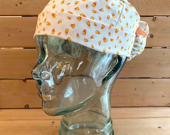 Candy Corn Crazy Halloween Scrub cap / Scrub hats / Women's scrub cap / surgical scrub hat / ponytail scrub cap / spooky Halloween cap