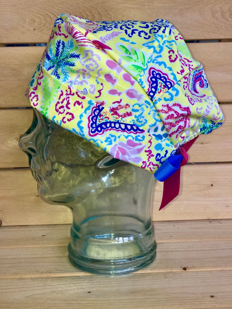 Toucan and Flamingo South Beach vibes scrub hats / Scrub caps / Scrub caps for women /nurses hat/ yellow tropical floral ponytail scrub cap image 2