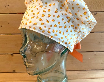 Candy Corn Crazy Halloween Scrub cap / Scrub hats / Women's scrub cap / surgical scrub hat / ponytail scrub cap / spooky Halloween cap