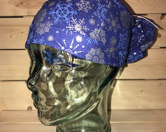 Scrub hats / Scrub caps / Scrub caps for women / Pixie scrub cap / nurses /scrub hat for women / nurses cap / blue and silver snowflake cap