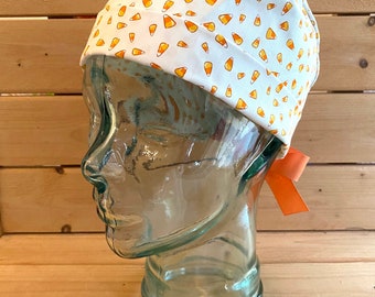 Candy Corn Crazy Halloween Scrub cap / Scrub hats / Women's scrub cap / surgical scrub hat / ponytail scrub cap / spooky Halloween cap