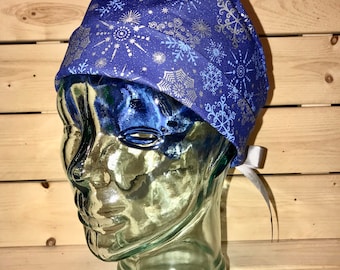 Scrub hats / Scrub caps / Scrub caps for women / Pixie scrub cap / nurses /scrub hat for women / nurses cap / blue and silver snowflake cap