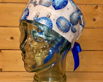 Blue and Silver holiday bells ~ Scrub caps for women ~ scrub tech hat ~ vet tech ~ ornament cap ~ BlackberryVineCompany