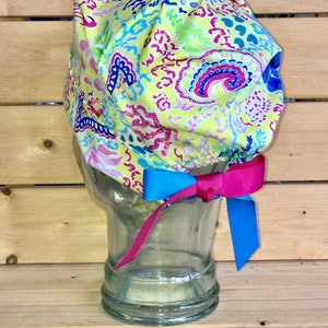 Toucan and Flamingo South Beach vibes scrub hats / Scrub caps / Scrub caps for women /nurses hat/ yellow tropical floral ponytail scrub cap image 3