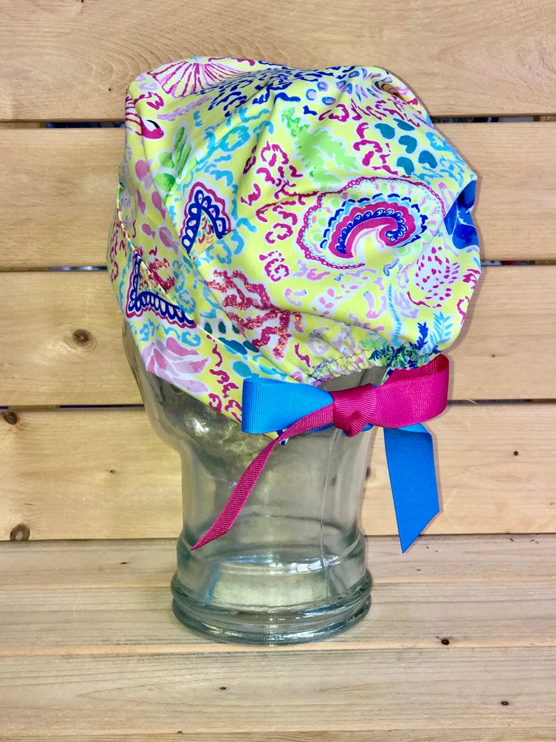 Toucan and Flamingo South Beach vibes scrub hats / Scrub caps / Scrub caps for women /nurses hat/ yellow tropical floral ponytail scrub cap image 3