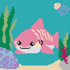 May include: A pink and white cartoon shark with a smiling face swims in a blue ocean with green seaweed and a purple jellyfish.