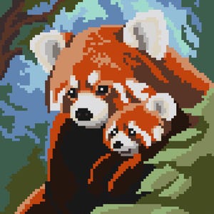 May include: A red panda mother and her cub are nestled together in a lush green forest. The mother is looking at the viewer with a gentle expression, while the cub is looking up at her. The red pandas are both covered in soft, reddish-brown fur.