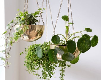 Gold Hanging Planters, Set of 3, Modern Metal Plant Holder, Indoor Hanging Pot, Live Plant and Pot, Handmade, With or Without Plants, Garden