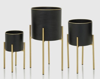 Mid Century Modern Planters, Black and Gold, Set Of 3, Trio of Metal Standing Planters, Unique Gift for Home and Garden, Minimalist Holder