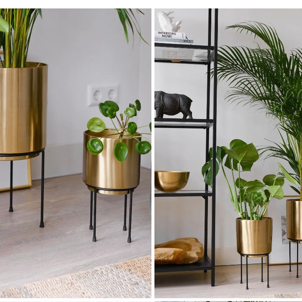 Gold Metal Planters with Stand, Set of 3, Modern Contemporary Decor, Indoor Plant Holders, Brass, Handcrafted, Mid Century, Indoor Holder