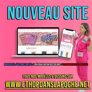 Puede incluir: Un ordenador port&aacute;til que muestra un sitio web con el texto "DES PAILLETTES DANS VOTRE VIE" y la direcci&oacute;n del sitio web "www.ethopdanslapoche.net". El sitio web es para un negocio que vende paletas de sombras de ojos de purpurina personalizadas. El port&aacute;til est&aacute; sobre una superficie rosa.