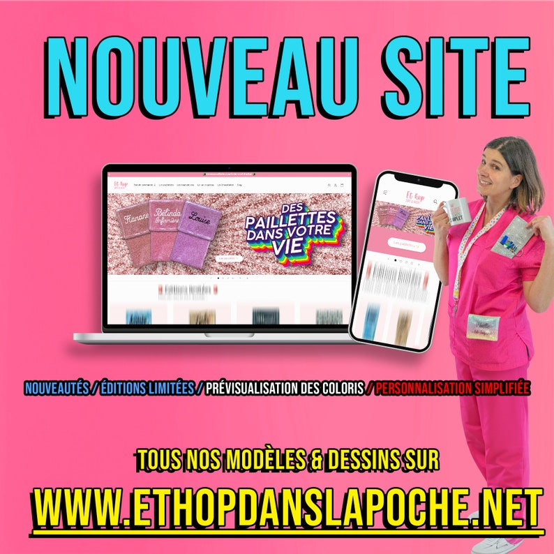 Puede incluir: Un ordenador port&aacute;til que muestra un sitio web con el texto "DES PAILLETTES DANS VOTRE VIE" y la direcci&oacute;n del sitio web "www.ethopdanslapoche.net". El sitio web es para un negocio que vende paletas de sombras de ojos de purpurina personalizadas. El port&aacute;til est&aacute; sobre una superficie rosa.