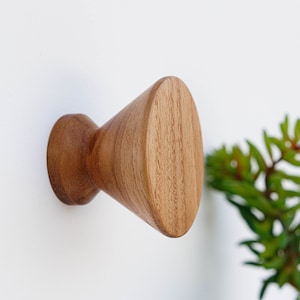 Könnte beinhalten: Ein Holz-Knopf mit abgerundeter Oberseite und konischer Basis. Der Knopf ist hellbraun und hat eine glatte Oberfläche.