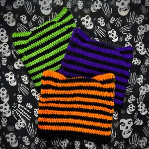Spooky Kitty Beanie - Black & Neon Stripe Cat Ear Halloween Hat (Adult Size) - Cozy Emo Striped Purple Orange Green Fall
