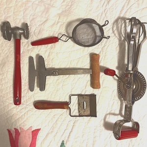 Vintage Red Handle Kitchen Utensil Set: Egg Beater, Strainer, Chopper, Tenderizer, Slicer