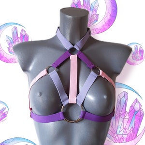 Pastel Elastic Rave Harness: Pink, Purple & Blue Cage Bra