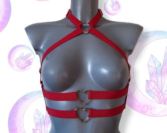 Triple Heart Harness, Bra Straps, Rave Outfit, Wine Red, Burgundy Harness, Strappy Cage Bra, Lingerie, Ravewear, Mall Goth