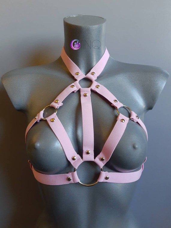Pastel Pink or Red Cage Bra, Pastel Goth/Punk Body Harness