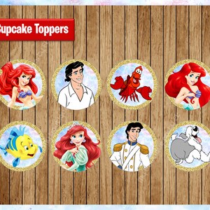 Princess Ariel Toppers instant download, Printable Princess party cupcakes Topper, Litte Mermaid cupcakes toppers