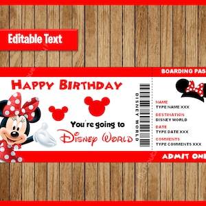 Printable Ticket to DisneyWorld, Surprise Trip, Birthday Gift, Walt DisneyWorld, Disneyworld, EDITABLE text, Minnie Mouse INSTANT DOWNLOAD