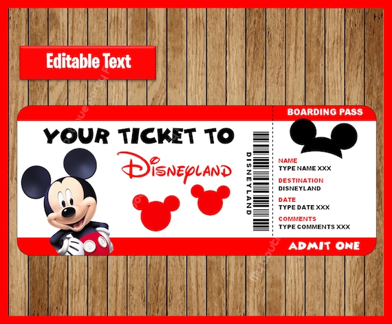 Printable Ticket to Disneyland, Surprise Trip, Birthday Gift, Disneyland, EDITABLE text, Mickey Mouse INSTANT DOWNLOAD