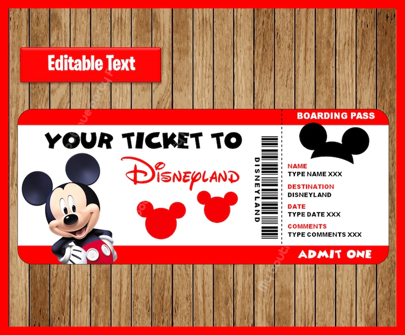 Printable Ticket to Disneyland, Surprise Trip, Birthday Gift, Disneyland, EDITABLE text, Mickey Mouse INSTANT DOWNLOAD image 1