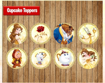 Princess Belle Toppers instant download, Printable Princess party cupcakes Topper, Beauty and the Beast cupcakes toppers