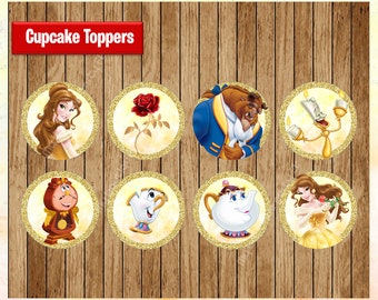 Princess Belle Toppers instant download, Printable Princess party cupcakes Topper, Beauty and the Beast cupcakes toppers