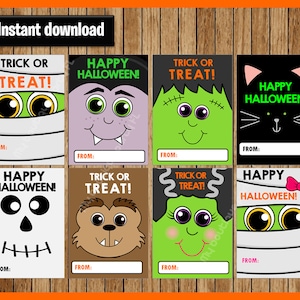 May include: Eight printable Halloween gift tags featuring different spooky characters, including a mummy, a vampire, a Frankenstein, a cat, a skull, a werewolf, a monster, and a mummy. Each tag has a space to write "From:" and includes the text "Trick or Treat!" or "Happy Halloween!"