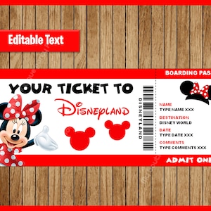 Printable Ticket to Disneyland, Surprise Trip, Birthday Gift, Disneyland, EDITABLE text, Minnie Mouse INSTANT DOWNLOAD