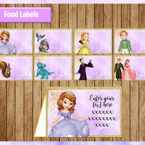 Sofia the First Food labels, Printable Princess Sofia Food tent cards, Sofia party Food labels, personalized, Editable
