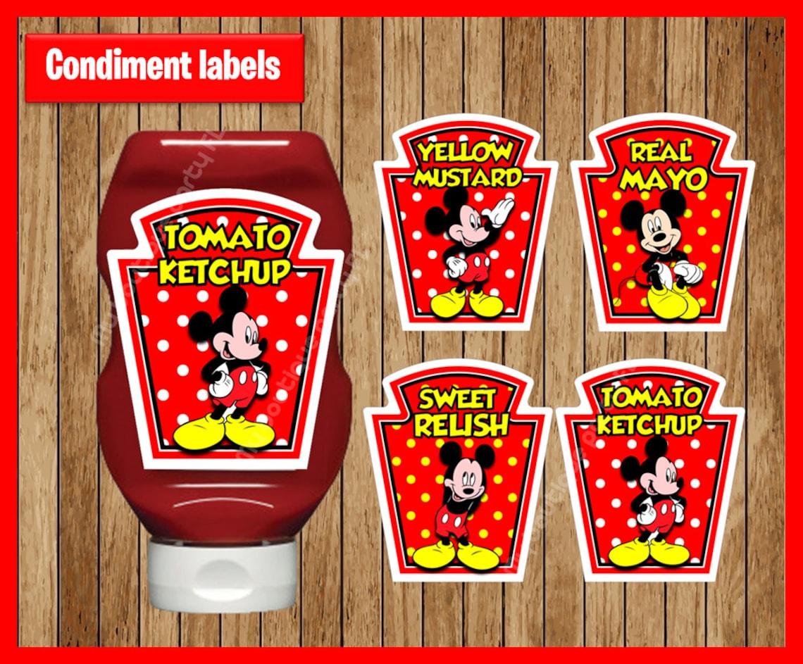 Red Mickey Mouse Condiments Labels instant download Printable Etsy