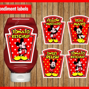 May include: Condiment labels featuring Mickey Mouse. The labels include "Tomato Ketchup", "Yellow Mustard", "Real Mayo", "Sweet Relish", and another "Tomato Ketchup". Each label has a red background with white polka dots and a cartoon image of Mickey Mouse.
