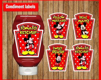 Red Mickey Mouse Condiments Labels instant download, Printable Mickey Mouse party Condiments Labels, Mickey Condiments Labels