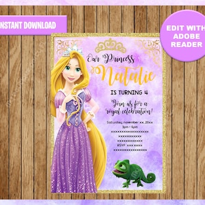 Princess Rapunzel Party Invitation, Tangled printable Invitation Customizable Template Editable PDF File, You Fill and Print