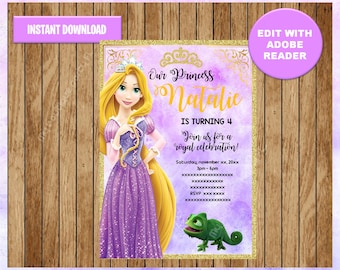 Princess Rapunzel Party Invitation, Tangled printable Invitation Customizable Template Editable PDF File, You Fill and Print