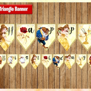Princess Belle Banner, Printable Princess Triangle Banner, Beauty and the Beast party Banner Instant download
