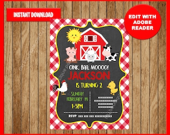Invitación de cumpleaños de la granja Cumpleaños de la granja Invitación de la granja Fiesta de la granja Plantilla personalizable de McDonald viejo Archivo PDF editable, usted llena e imprime