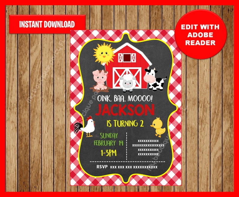 K&ouml;nnte beinhalten: Editierbare Geburtstagseinladung im Farm-Thema mit einem roten Stall, einer Sonne, einem Schwein, einem Lamm, einer Kuh, einem Hahn und einem Entenk&uuml;ken. Der Text lautet "Oink, baa, moo00! Jackson wird 2. Sonntag, 14. Februar, 13-15 Uhr. RSVP xxx xxx xxx xxxxxxxxx"