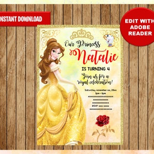 Princess Belle Party Invitation, Beauty and the Beast printable Invitation Customizable Template Editable PDF File, You Fill and Print